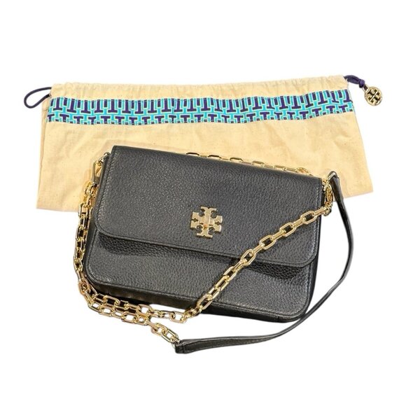 Tory Burch Mercer Chain Pebble Leather Black Turn Lock Crossbody Bag Purse Dust - Picture 1 of 12
